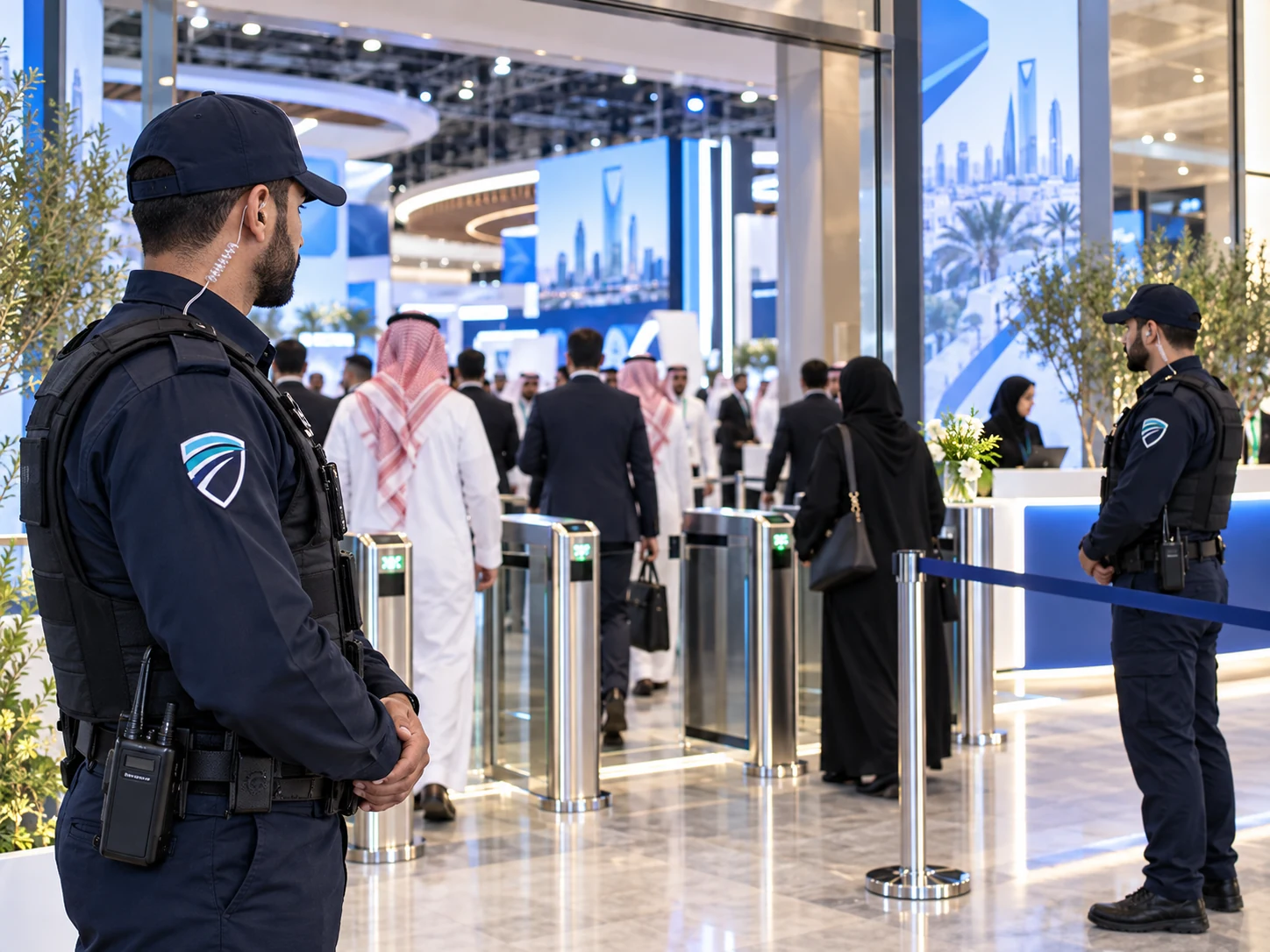 Security staff managing access at a Saudi exhibition